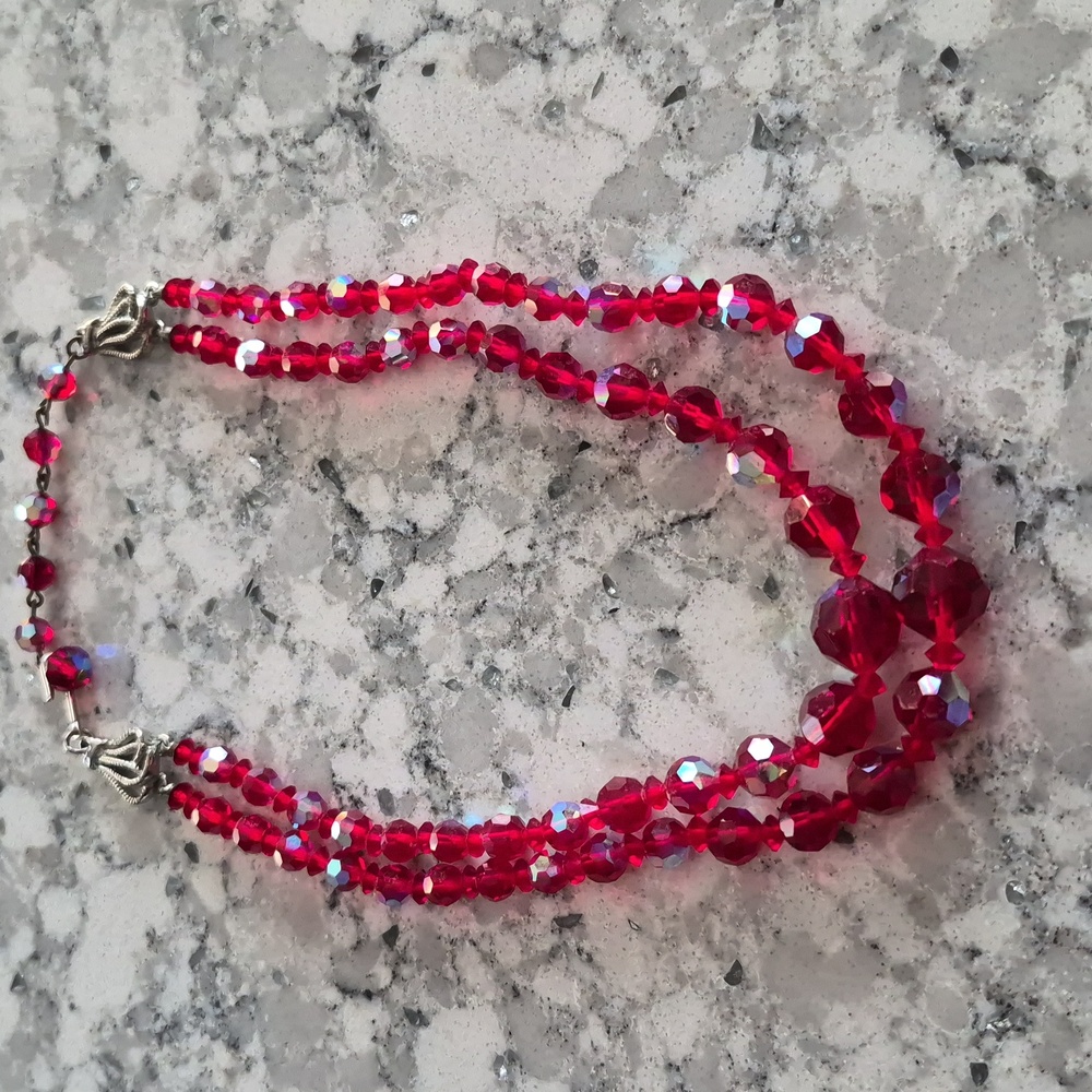 Aurora Borealis Red Crystal Beaded Necklace